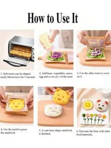1件/2件/5件/塑料卡通熊三明治切割机迷你卡通熊面包刀午餐烘焙模具创意动物主题厨房小工具适用于儿童厨房小工具 - 彩色 - 查看 3