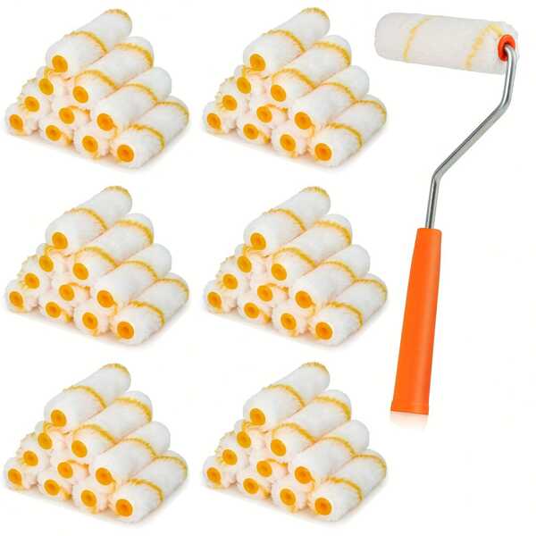 Paint Roller Covers Set, 61 Pcs Precision Mini Paint Roller Set, 4-Inch Polyester Brushes For Detailed Work On Walls, Desks, & Cabinets - Durable & Reusable Kit For DIY & Professional Use