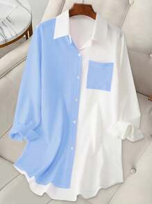 Camisa larga de mujer de moda con bolsillos de color contrastante - Azul - Ver 4