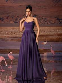 Vestido de noche elegante para mujer de gasa con tirantes finos en color púrpido sólido, adecuado para todas las ocasiones formales, gala, invitado de boda, festival de música, fiesta de vacaciones, baile de graduación, fiesta de cóctel, cita, vacaciones y vestido de dama de honor.