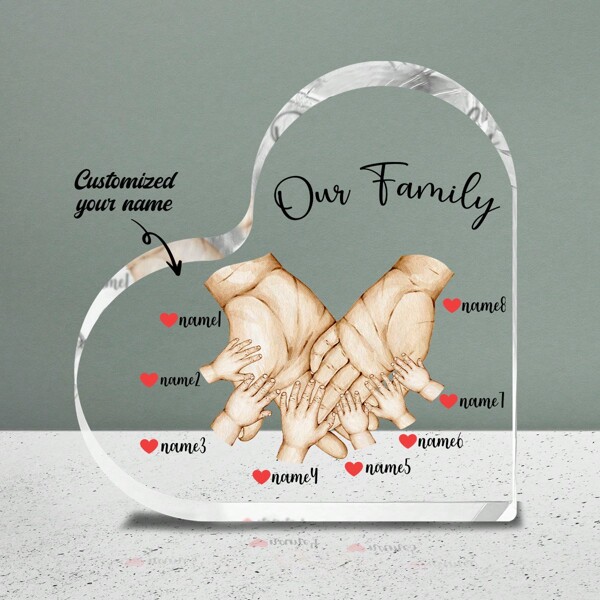 Memorabilia personalizzata a forma di mani della famiglia in acrilico - Personalizzabile da 3 a 8 nomi, ornamento decorativo da tavolo per soggiorno, camera da letto e ufficio - Riflette la vicinanza familiare - Idea regalo ideale per la festa della mamma, la festa del papà, compleanni e anniversari