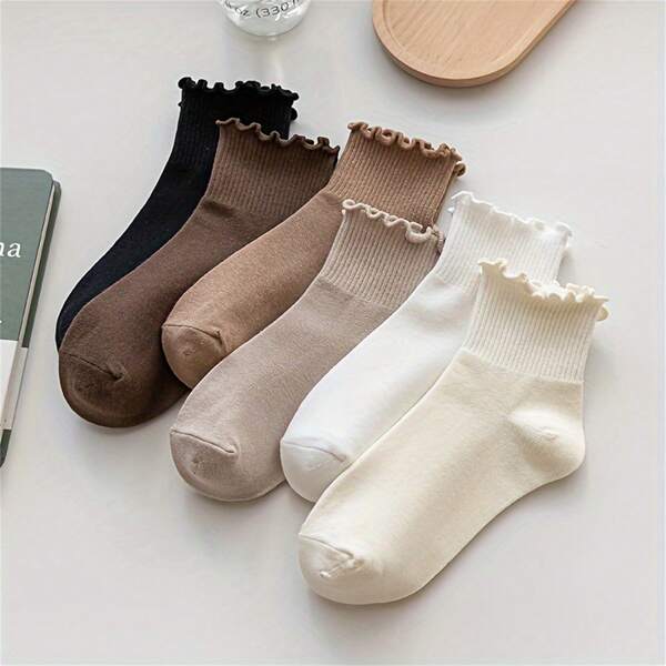 1/3/6 Pairs Mid-Calf Socks For Women, Ruffled Trim & Floral Pattern, Versatile For Spring, Fall & Winter