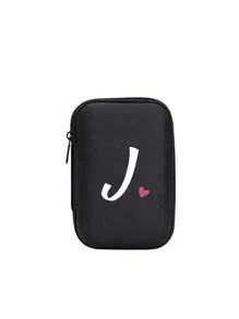 A-Z Letter & Heart Pattern Mini Portable Storage Pouch, Waterproof & Shockproof Digital Organizer Bag, Initial Monogram Phone Charger Cable Holder, Zipper Pouch For Wallet, Data Cable, Electronic Accessories, Suitable For Business, Travel, School, University, Office - Black - View 12