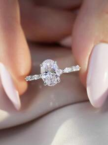 1pc Oval Engagement Ring, Elegant Women's Wedding Jewelry, 925 Sterling Silver Classic Cubic Zirconia Ring, Exquisite Bridal Jewelry, Proposal Promise Ring, Wedding Anniversary Gift - Oval - View 4