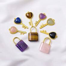 1PC Natural Crystal Gemstone Lovers Lock Key Pendant Love Shape Energy Necklace Jewelry Reiki Beloved Female Valentine's Day Gift - Couple Lock - View 6