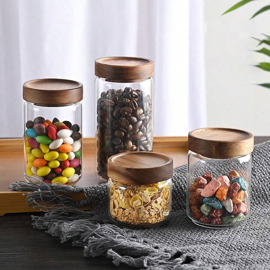Round Glass Storage Jar With Rosewood Lid, Household Kitchen Spice/Cumin Storage Bottle - Round Acacia Wood Storage Bottle - View 1