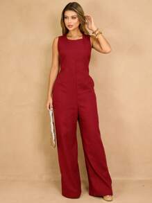 Elegant Linen Pantaloon Jumpsuit Wide Legs And Discreet Pockets - Burdeos - Ver 1