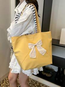 Large Capacity Women's Shoulder Bag, Fashion Patchwork Bow Solid Color Tote - Yellow - View 1