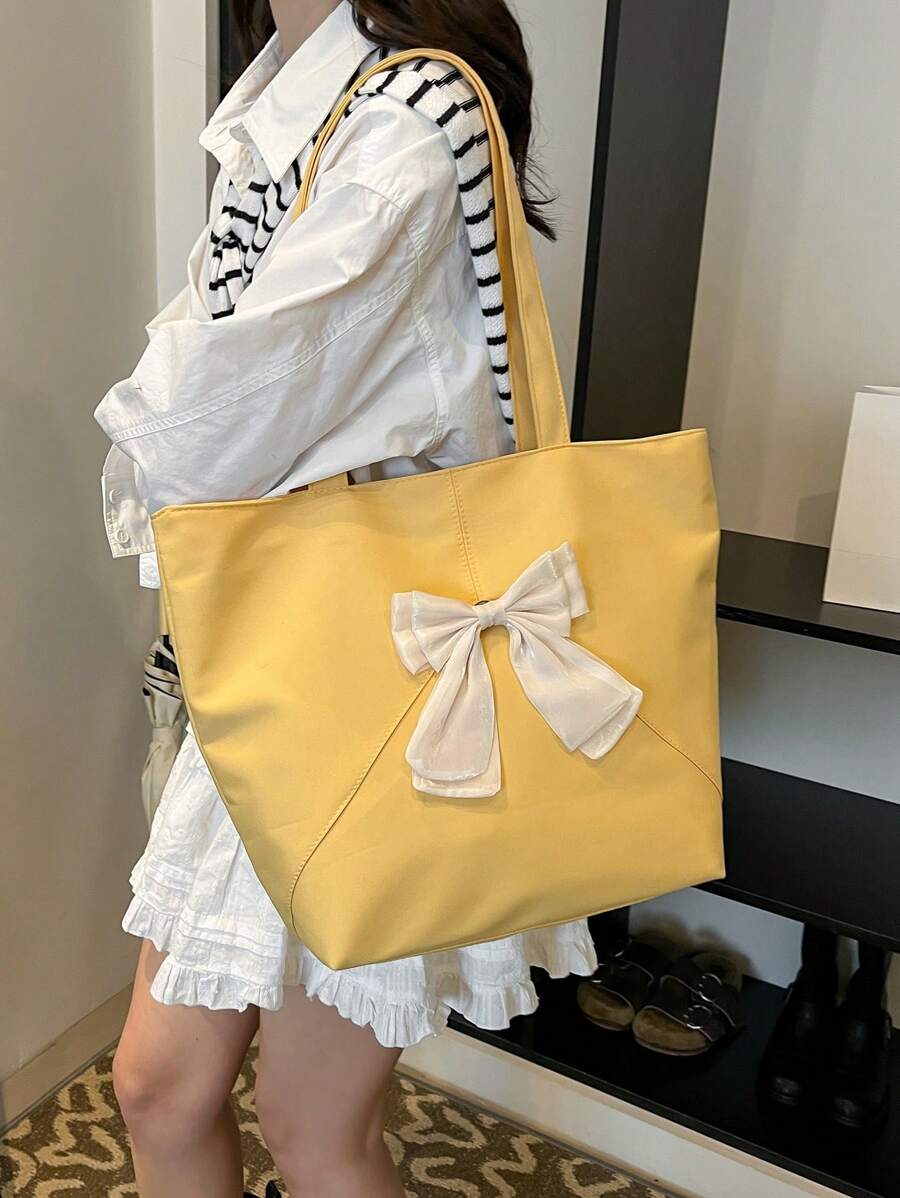 Large Capacity Women's Shoulder Bag, Fashion Patchwork Bow Solid Color Tote - Yellow - View 1