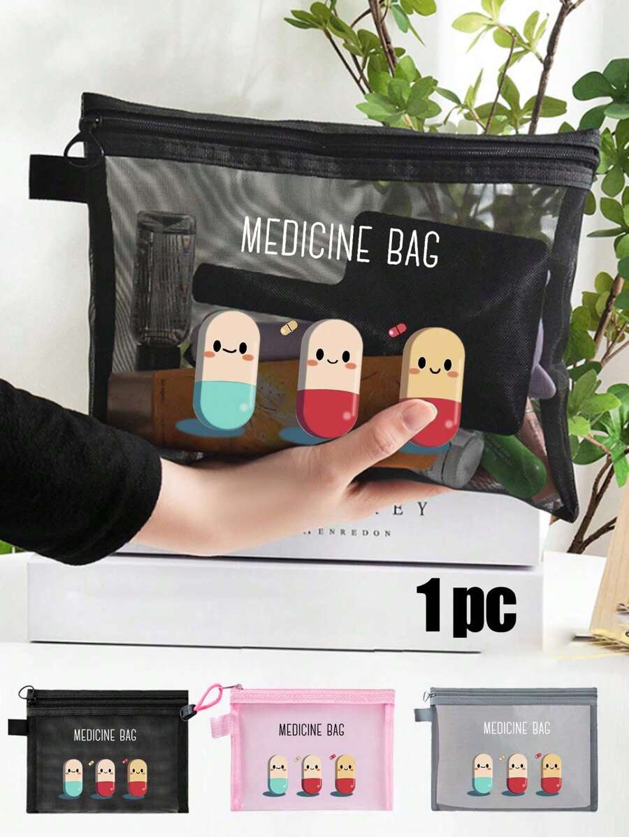 网眼尼龙药丸主题化妆包,可爱药丸图案设计,“药丸袋”,萌趣药丸包,送给医护人员的最佳礼物,送给女性的礼物,便携式多功能化妆包,女士旅行洗漱包,送给返乡医生和护士的礼物,化妆包,护肤包,洗漱包,旅行必备,宿舍必备,家居收纳袋 - 彩色 - 查看 1