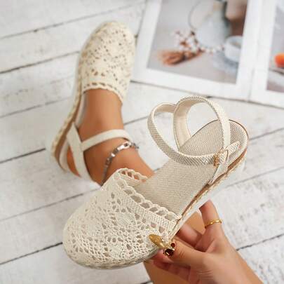 Nuevas sandalias de cuña de lino para mujer, sandalias romanas de plataforma con suela gruesa, tejido hueco, con correa ajustable y hebilla