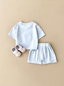 2 件套婴儿/幼儿男女款休闲冰淇淋拼布短袖 T 恤和短裤夏季服装
