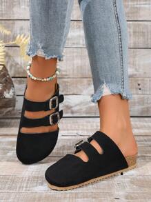 Sapatos femininos sem cadarço pretos com bico fino e decoração de franjas, bico redondo e versátil, outono 2025, mule - Preto - Ver 4