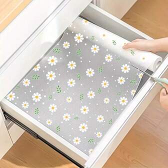 1 Roll Daisy Shelf Liner For Kitchen Cabinets,Non-Adhesive Drawer Liner,Non-Slip Refrigerator Liner,EVA Waterproof Fridge Pad Cupboard Mat Easy Placemats.