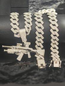 1 Set Men's Personalized Alloy Rhinestone Embellished Rifle Pendant Necklace, Gemstone Bracelet, Watch, European & American Stylish Hip-Hop Accessory, High-End Gift Box - Gun Set - View 18