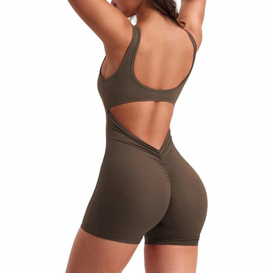 Women's Shorts Jumpsuits Sleeveless One Piece Bodysuit Square Neck Sexy Yoga Workout Romper - Coffee Brown - View 1