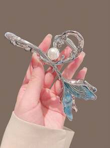 1个女士蓝色金属质感发爪夹，饰有仿珍珠，优雅发夹，适合盘发，美人鱼公主风发夹，发夹，发卡，发饰，抓发夹，秋冬季女士度假装扮及夏季海滩造型发饰 - 藍色 - 查看 3