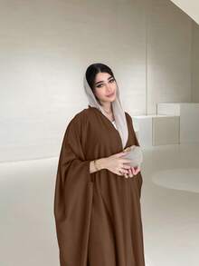 Women Solid Color Middle Eastern Modest Outer Jacket, Fashion Lightweight Batwing Sleeve Cardigan With Belt - Without Headscarf, Autumn/Winter - Coffee Brown - View 2