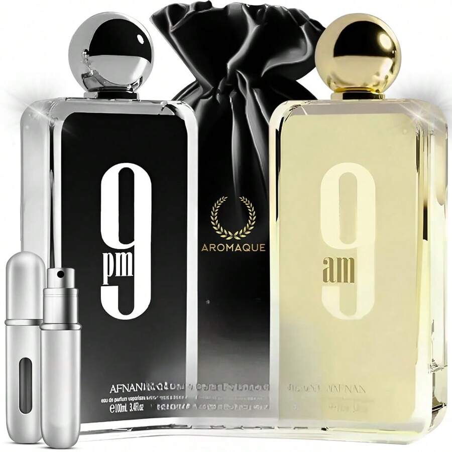 Bundle Of  9AM &Amp;  9PM Cologne For Men 3.4oz Each De Perfume 1 Empty Travel Refillable Bottle &Amp; 4 Car Freshener Cards In A Satin Gift Bag - Black and White - View 1