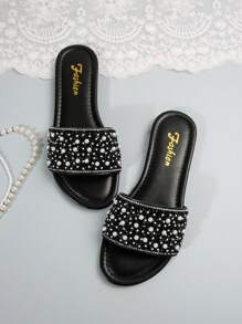 New Ramadan Fashion Slip-On Slippers For Women,Large Size, Summer Style Flat Sandals, Solid Color Closed Toe Flat Sandals, Plus Size Women Slippers, Flat Pearl Decor Outdoor Slippers, Odor Prevention Women Shoes, White Round Toe Slippers, Flat Sandals, Women Summer Beach Slippers, Black Shoes