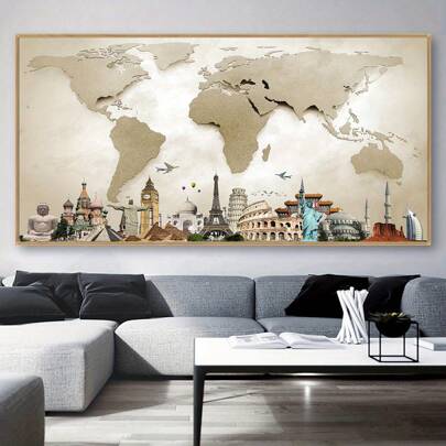 1 pieza Póster en lienzo con paisaje urbano vintage - Sin marco, pintura artística de un mapa con hitos icónicos, ideal para la decoración de la sala de estar moderna, dormitorio, oficina, cafetería, obra de arte de oficina | Lienzo vintage | Material de lienzo, arte de pared en lienzo