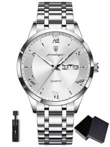 1 件商务时尚男士不锈钢石英腕表，带日历星期双显示，30 米防水，夜光指针功能，男士休闲银色手表，带盒装，男士礼品套装 - 銀色 - 查看 11