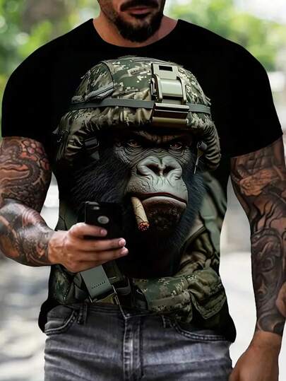 1pc Men'S 3D Graphic Tee, Gorilla Soldier With Cigar Print, Casual Crew Neck Short Sleeve T-Shirt, Polyester Knit Fabric, Slight Stretch, Breathable Summer Top, Heat Transfer Print Design