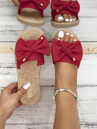 Fashion Women's Sandals, Spring/Summer Simple Straw Rope Flat Shoes, New Red Shoes, Cute Bow Decor Sandals
