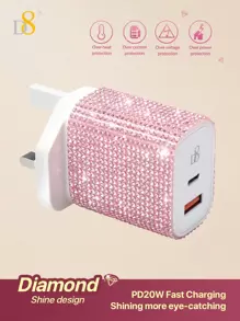 1个水晶装饰USB-C墙充，20W Type-C+QC3.0双口电源适配器，USB-C数据线手机充电器，兼容 16/15/15 Plus/15 Pro/15 Pro Max、Pro 12.9英寸（第五代/第四代/第三代）、Galaxy S23 Ultra/S23/S23+/S22/S21/S20 Ultra/S22+/S21+/Ultra/S20/S20+，适合旅行、办公、宿舍和家庭使用，多端口设计 - 英規插(220-240V) - 查看 3