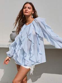 Simplee 女士秋季系带荷叶边飘逸长袖衬衫，浪漫、度假、波西米亚风、音乐节、机场旅行、返校季 - 淺藍色 - 查看 6