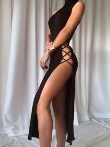 Mouwloze Sexy Bandage Jurk - Elegante Zwart-Wit Ronde Hals Lange Lengte Skinny Fit - Split Zoom, Bandjes Detailing Voor Zomerse Feestavondkleding