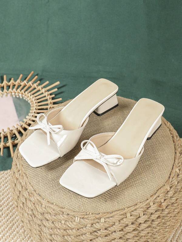 Women's Elegant, Fashionable And Versatile Casual Open Toe Slip-On Flats With Bow Decoration, Suitable For Spring, Summer, Autumn And Winter, Available In Nude, White, Apricot Color With Low, Mid Or Chunky Heels
