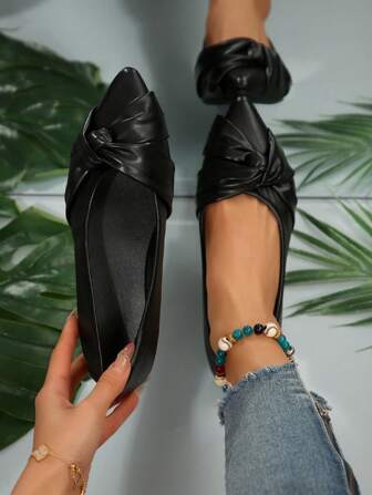 女士黑色扭纹尖头平底芭蕾平底鞋，时尚奢华平底玛丽珍鞋，加大码可选（36-43），休闲百搭一脚蹬乐福鞋