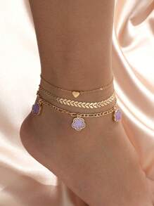 3pcs Summer Vacation Beach Style Wheat Chain Clover Heart Pendant Anklets Set - Purple - View 1