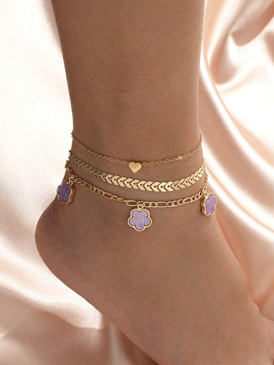 3pcs Summer Vacation Beach Style Wheat Chain Clover Heart Pendant Anklets Set - Purple - View 1