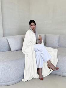 Women's Solid Color Middle Eastern Dignified Jacket, Fashionable Lightweight Batwing Sleeve Cardigan Long Robe With Belt, No Headscarf - White - View 5