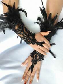 1 双哥特式蕾丝羽毛露指手套，长袖腕口，女士服装配饰，万圣节