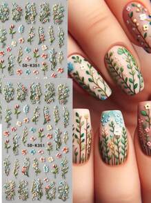 Stickers d'art pour ongles 5D en relief avec bouquet de fleurs de marguerite rose rêveuses, feuille de vigne verte et fleur à cinq pétales épanouissante et rose. Décorations de charms et fournitures pour manucure DIY