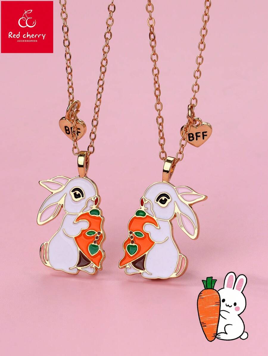 Set de 2 collares con colgante de conejo comiendo una zanahoria en aleación de zinc de colores, adecuado para regalar a amigos - Multicolor - Ver 1