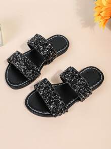 1 Pair Black Plus Size Toddler Girls' Flat Sandals, Solid Color PU Adjustable Buckle Strap, Round Toe, Non-Slip, Cute Roman Casual Slippers Suitable For 3-15 Years Old Kids, Spring/Summer New Arrival 2025
