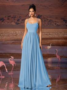 AOSHABABI Shallow Blue Solid Color Draped Chiffon Elegant Women Evening Dress Fall - Blue - View 5