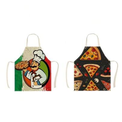 1 件装厨师披萨图案亚麻围裙，创意有趣时尚印花家居清洁围裙，防水油易清洗厨房烹饪烤架，创意家居围裙，工作制服