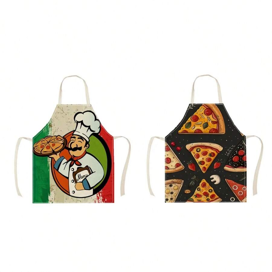 1pc Chef Pizza Pattern Linen Apron, Creative And Fun Stylish Printing House Cleaning Apron, Waterproof Oil Easy To Clean Kitchen Cooking Grill, Creative Home Apron, Work Uniform - Multicolor - View 1
