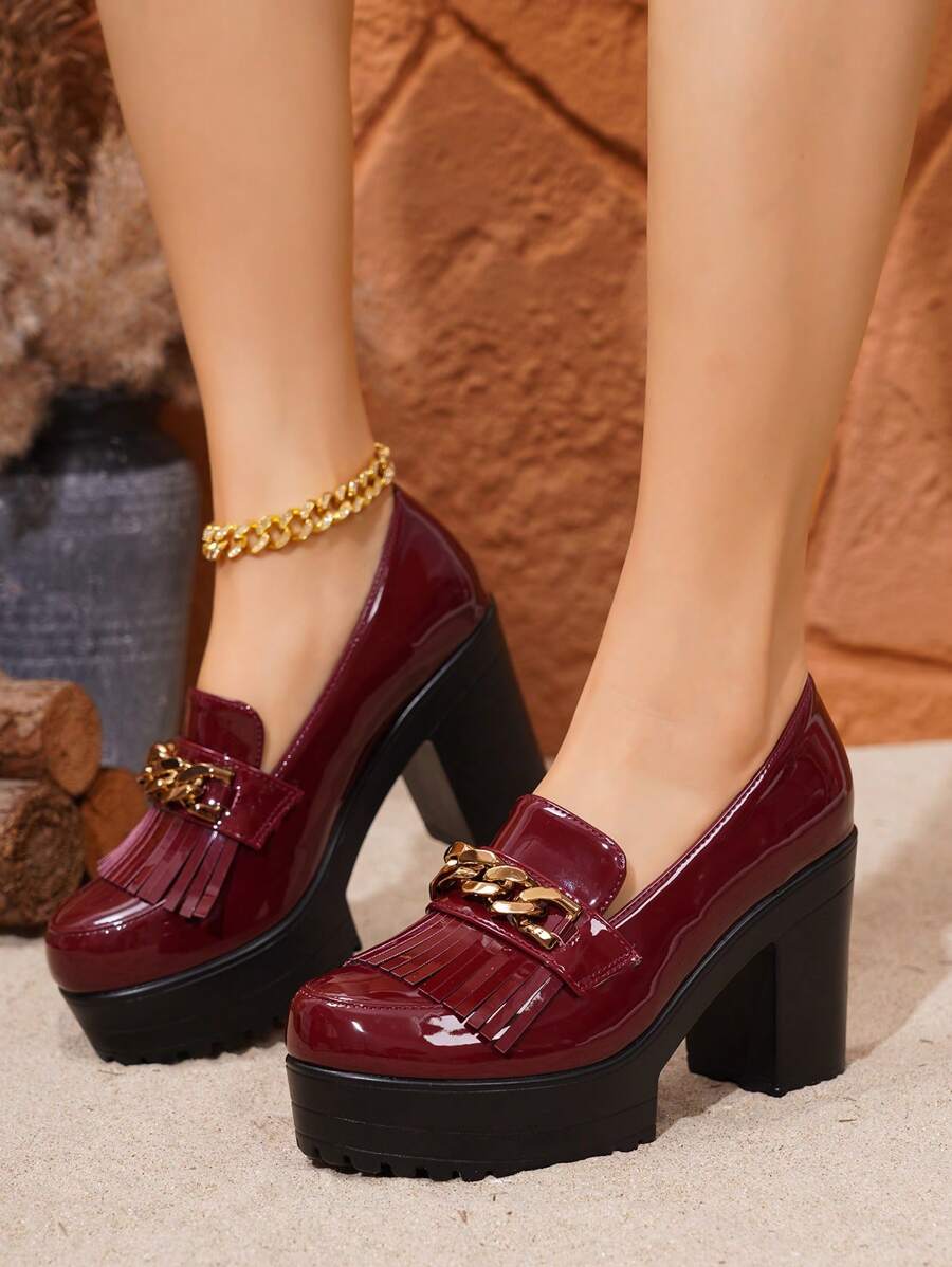 加大码宽版女式红色牛津厚底乐福鞋，时尚百搭圆头厚底学院风英式一脚蹬粗跟平底鞋，超宽脚型，美国尺码 4 - 12