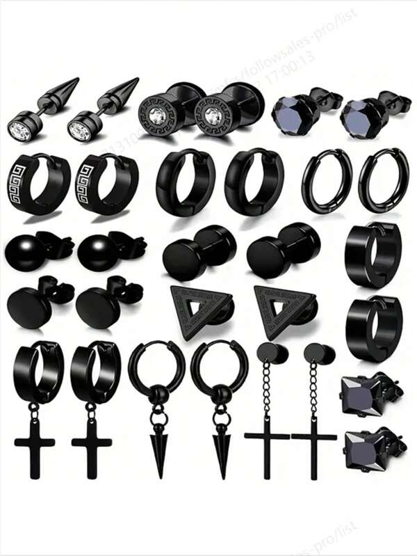 15pcs Stainless Steel Cross Pendant Hoop Earrings Set, Suitable For Men And Women, Fashion Piercing Jewelry