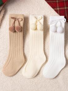 3 pares/lote Calcetines altos de estilo británico para niñas pequeñas con pompones de cereza, calcetines de tubo estilo princesa para niños de 0 a 3 años - Multicolor - Ver 1