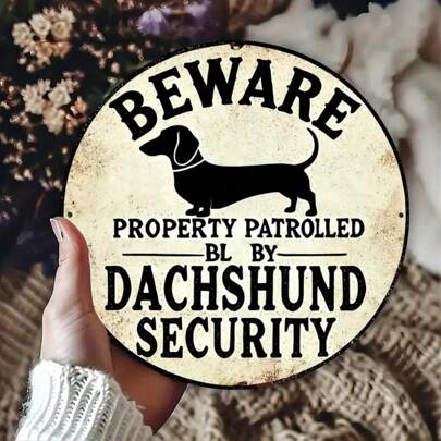 1pc 8in Dachshund Security Patrol Sign - Durable Iron, Suitable For Outdoor Cafe And Bar, Dachshund, Traffic, Perfect Room Decor, Round Metal Sign, Vintage Decor Outdoor Decor Wall Art Room Decor Bedroom Wedding Decor Boho Home Decor Garden Ornaments Living Room Decor Living Room Decor Party Decor, Random Hole Position