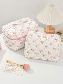 1 Bolsa de maquillaje acolchada con forma de corazón y lazo rosa. Bolsa de cosméticos de viaje, bolsa de cosméticos multifunción, bolsa de baño, bolsa de almacenamiento de joyas, bolsa de almacenamiento de perfumes y cuidado de la piel, bolsa de pinceles, bolsa de toallas sanitarias, bolsa de auriculares, monedero, bolsa de gafas, adecuada para familia, viajes, escuela y trabajo. Adecuada para mujeres y estudiantes. Regalos festivos, regalos de cumpleaños, regalos de Navidad, regalos para mamá, recuerdos, lindo