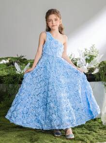 Tween Girl Sleeveless Backless 3D Floral Print Dress - Blue - View 1