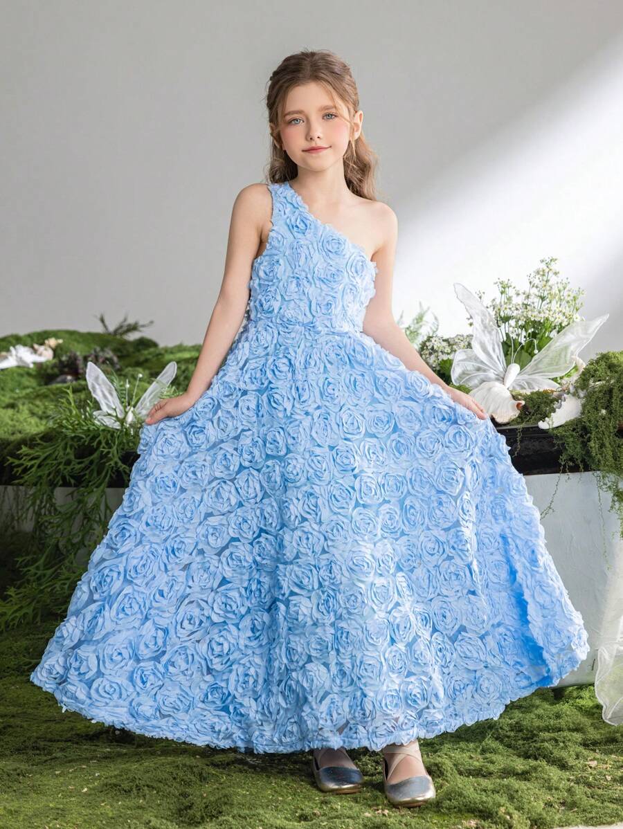 Tween Girl Sleeveless Backless 3D Floral Print Dress - Blue - View 1